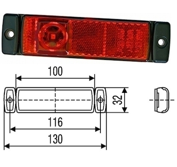 svítilna poziční červená obdélníková LED pro vodorovnou montáž s kabelem 0,5m